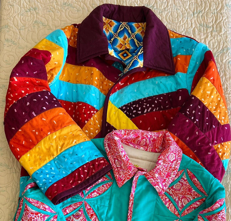 Colorful quilted jacket with patchwork design on a textured surface
